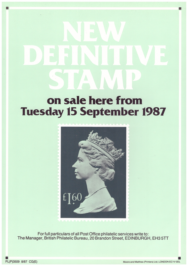(image for) 1987 High Value Definitive Stamp Post Office A4 poster. PL(P)3509 8/87 CG(E).